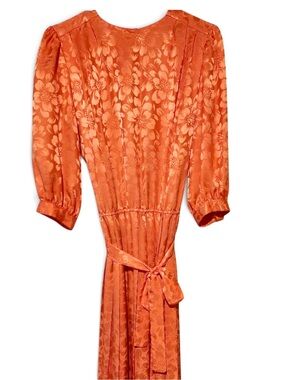 Floral Jacquard Puff Sleeve Midi Pleated Dress,Coral Orange with Self-Tie Waist